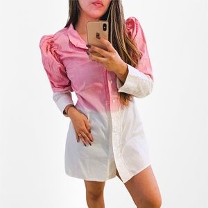 puff-Sleeve Poplin Shirt Mini Dress Pink Gradient